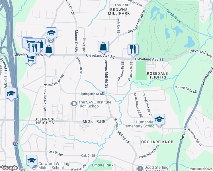 map of restaurants, bars, coffee shops, grocery stores, and more near 2835 Browns Mill Road Southeast in Atlanta