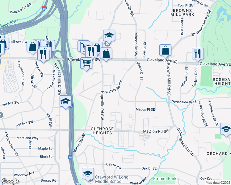 map of restaurants, bars, coffee shops, grocery stores, and more near 2822 Waters Road Southwest in Atlanta
