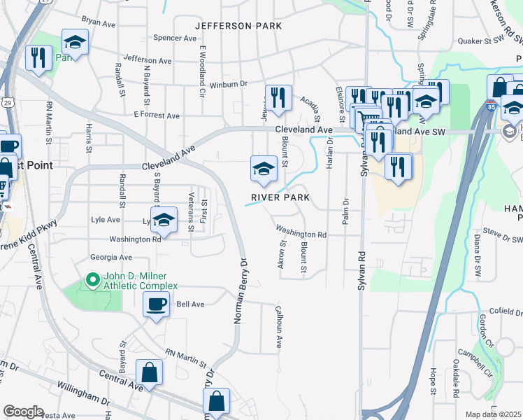 map of restaurants, bars, coffee shops, grocery stores, and more near 2809 Blount Street in East Point