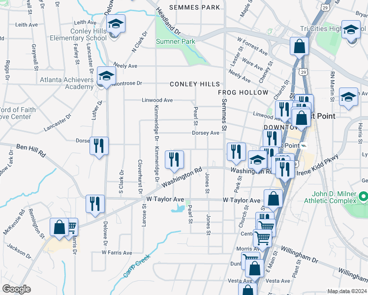 map of restaurants, bars, coffee shops, grocery stores, and more near 1912 Dorsey Avenue in East Point