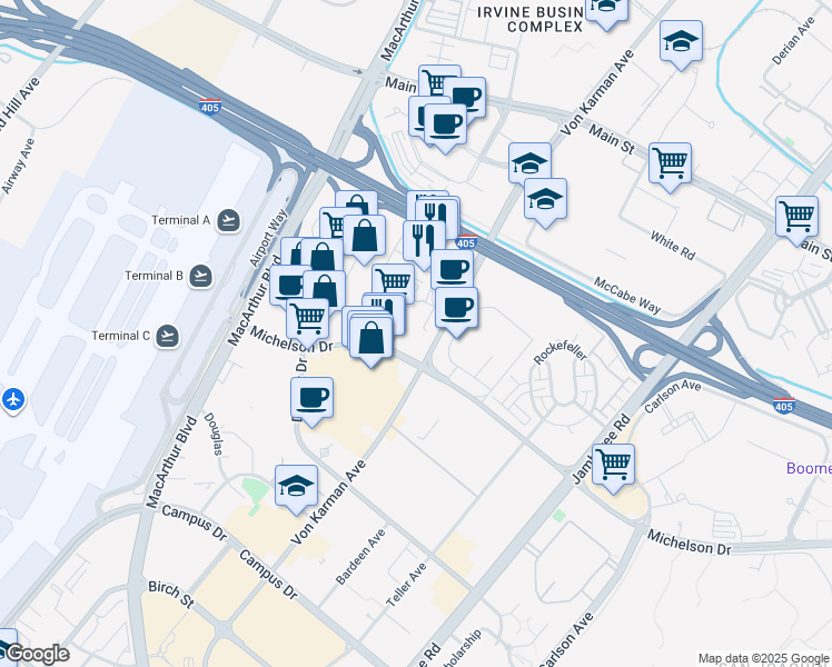 map of restaurants, bars, coffee shops, grocery stores, and more near 18401 Von Karman Avenue in Irvine