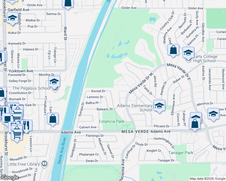 map of restaurants, bars, coffee shops, grocery stores, and more near 2882 Boa Vista Drive in Costa Mesa