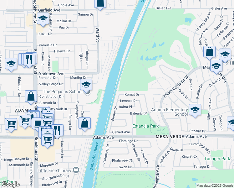map of restaurants, bars, coffee shops, grocery stores, and more near 2885 Europa Drive in Costa Mesa