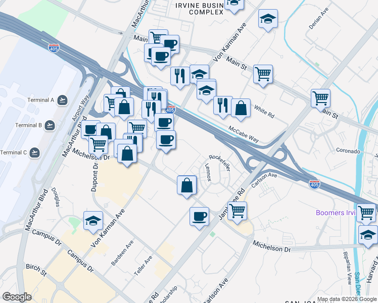 map of restaurants, bars, coffee shops, grocery stores, and more near 18100 Von Karman Avenue in Irvine