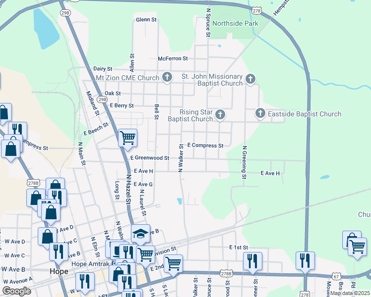 map of restaurants, bars, coffee shops, grocery stores, and more near 909 North Walker Street in Hope