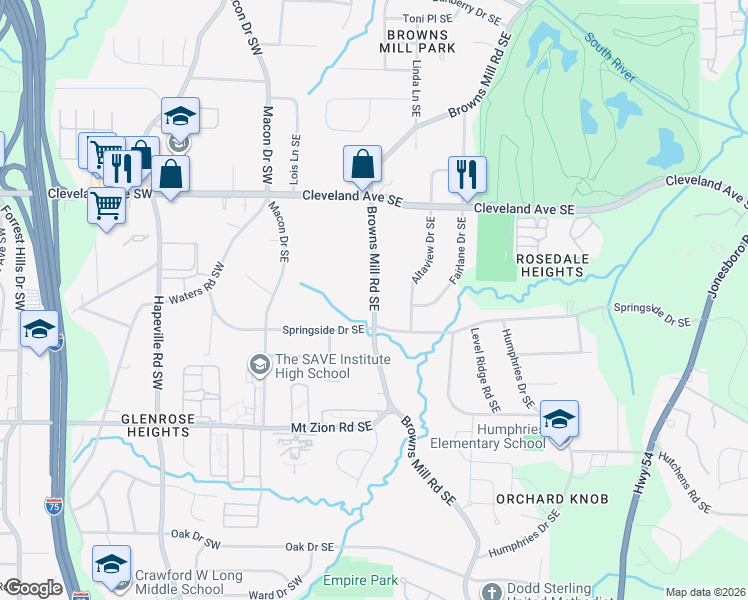 map of restaurants, bars, coffee shops, grocery stores, and more near 2835 Browns Mill Road Southeast in Atlanta