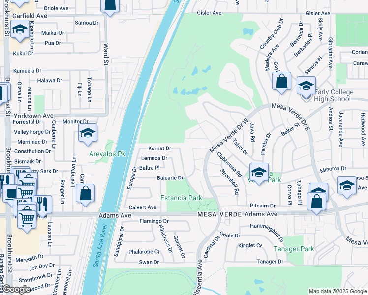 map of restaurants, bars, coffee shops, grocery stores, and more near 2882 Boa Vista Drive in Costa Mesa
