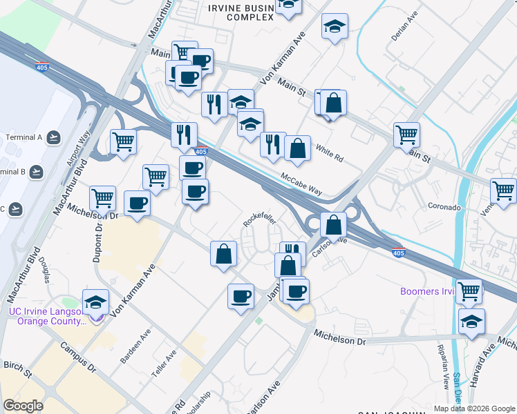 map of restaurants, bars, coffee shops, grocery stores, and more near 1100 Nolita in Irvine