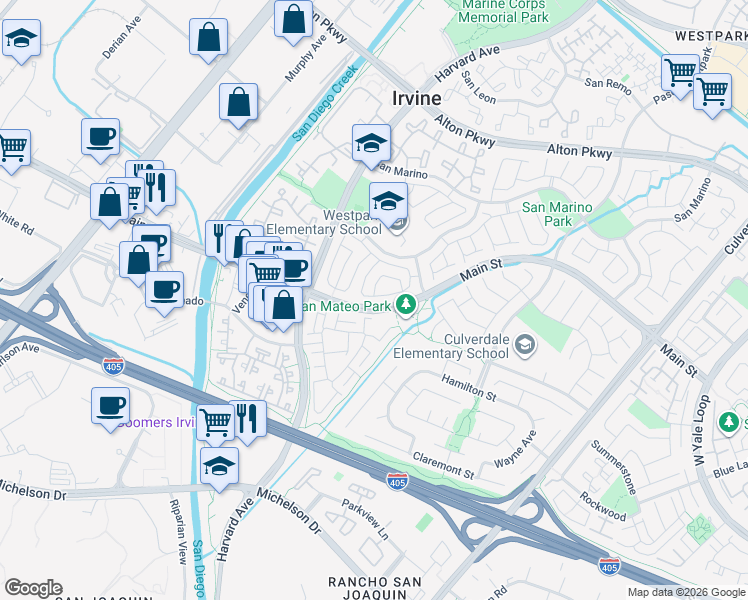 map of restaurants, bars, coffee shops, grocery stores, and more near 7 Cortona in Irvine