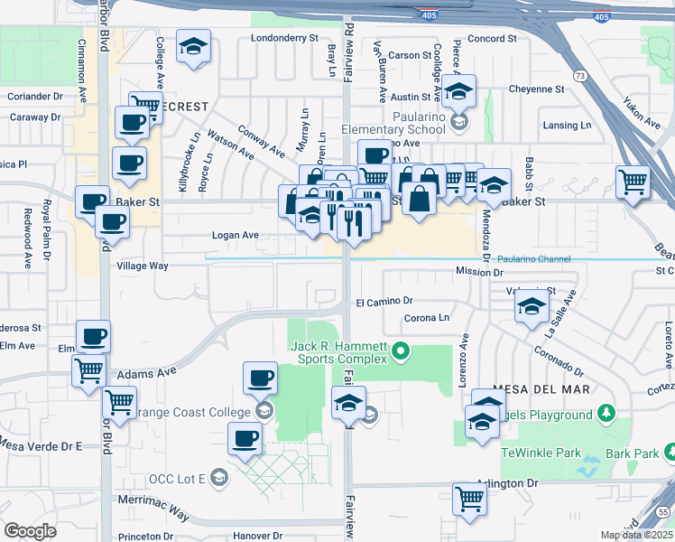 map of restaurants, bars, coffee shops, grocery stores, and more near 2885 Fairview Road in Costa Mesa