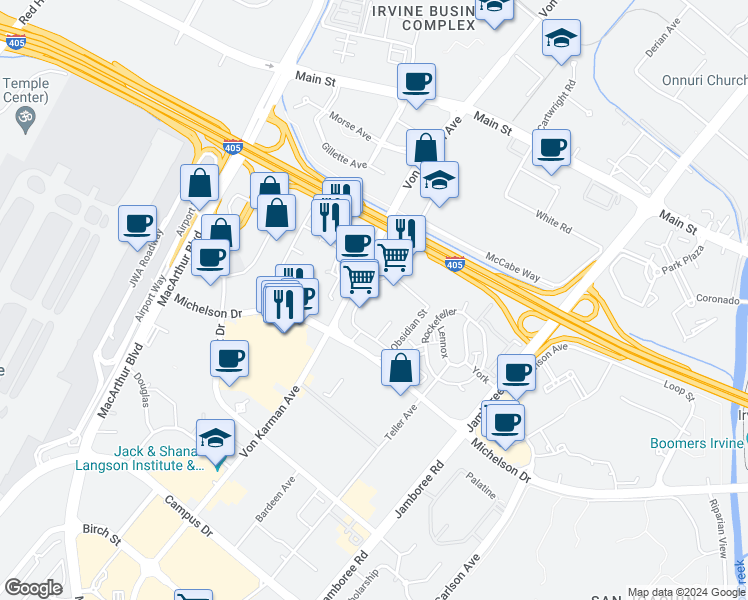 map of restaurants, bars, coffee shops, grocery stores, and more near 18200 Von Karman Avenue in Irvine