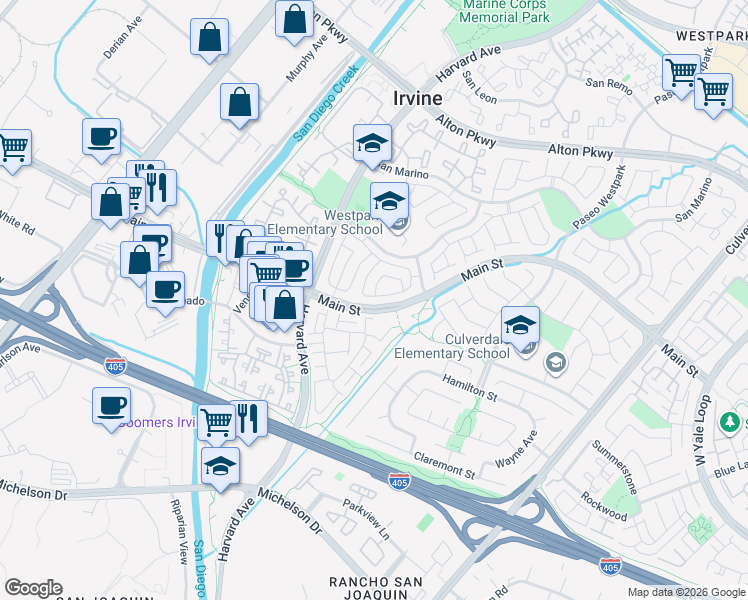 map of restaurants, bars, coffee shops, grocery stores, and more near 7 Galanto in Irvine