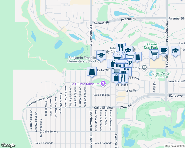 map of restaurants, bars, coffee shops, grocery stores, and more near 51020 Eisenhower Drive in La Quinta