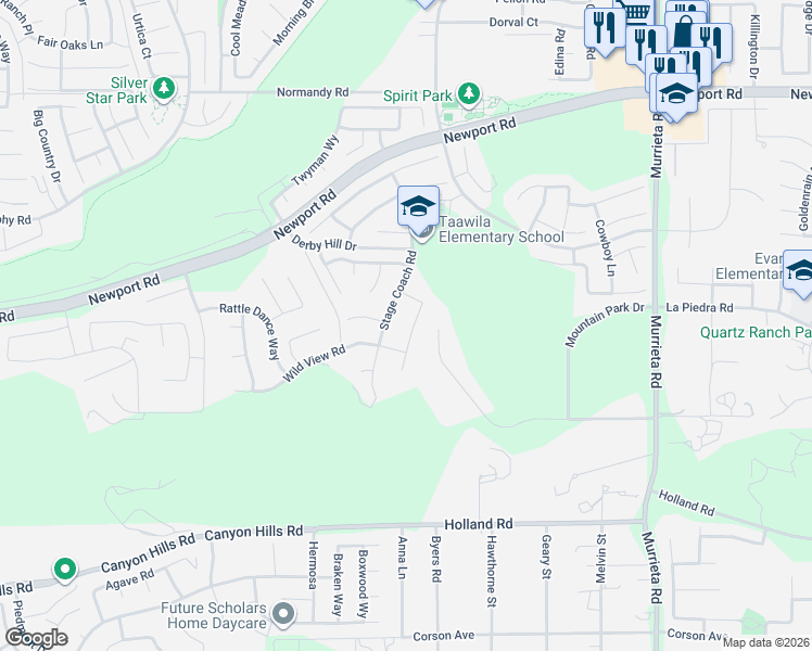 map of restaurants, bars, coffee shops, grocery stores, and more near 30559 Buckboard Lane in Menifee