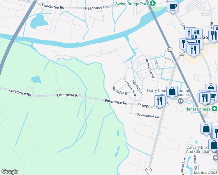map of restaurants, bars, coffee shops, grocery stores, and more near 353 Foxridge Drive in Myrtle Beach