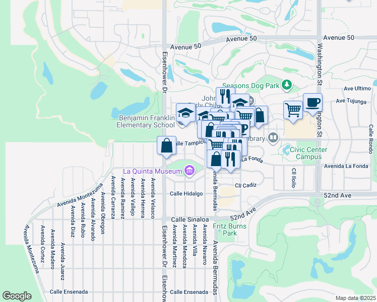 map of restaurants, bars, coffee shops, grocery stores, and more near 51080 Avenue Mendoza in La Quinta