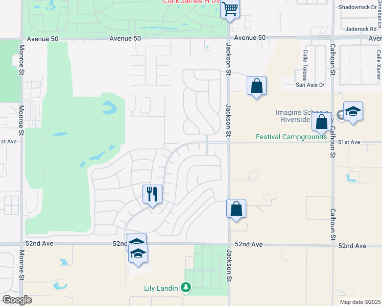 map of restaurants, bars, coffee shops, grocery stores, and more near 82820 Kingsboro Lane in Indio