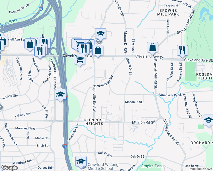 map of restaurants, bars, coffee shops, grocery stores, and more near 2822 Waters Road Southwest in Atlanta