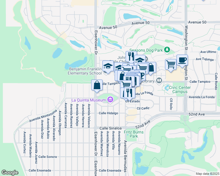 map of restaurants, bars, coffee shops, grocery stores, and more near 17855 Calle Tampico in La Quinta