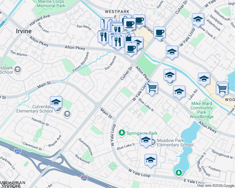 map of restaurants, bars, coffee shops, grocery stores, and more near 16 Windjammer in Irvine
