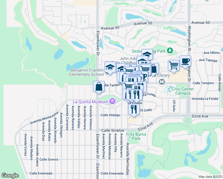 map of restaurants, bars, coffee shops, grocery stores, and more near 51080 Avenida Mendoza in La Quinta