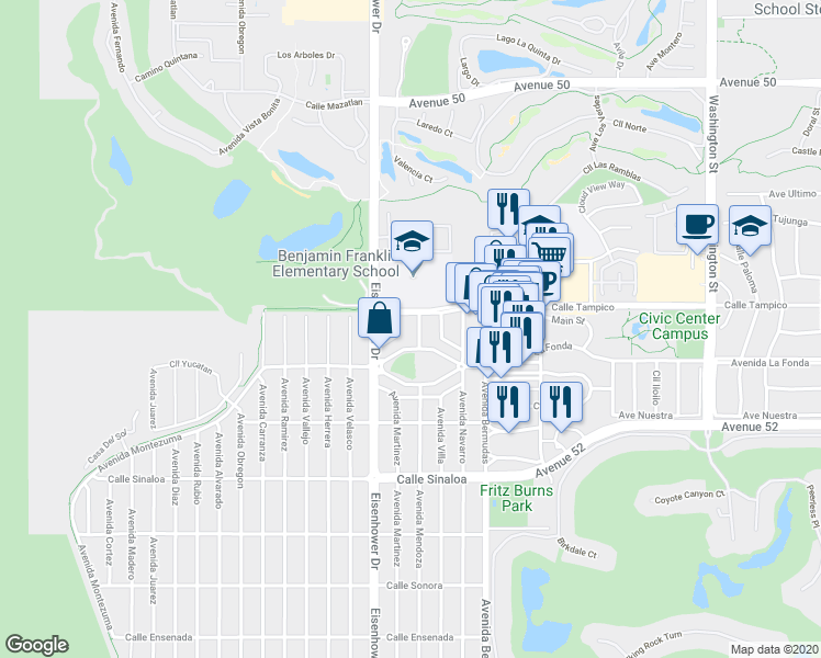 map of restaurants, bars, coffee shops, grocery stores, and more near 51081 Avenue Mendoza in La Quinta