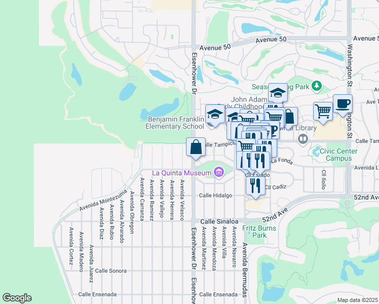 map of restaurants, bars, coffee shops, grocery stores, and more near 51099 Eisenhower Drive in La Quinta