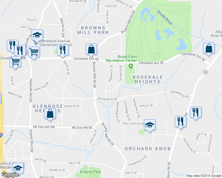 map of restaurants, bars, coffee shops, grocery stores, and more near 2863 Fairlane Drive Southeast in Atlanta