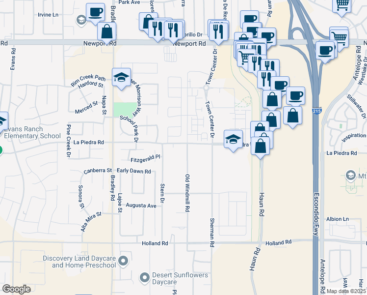 map of restaurants, bars, coffee shops, grocery stores, and more near 30525 Old Windmill Road in Menifee