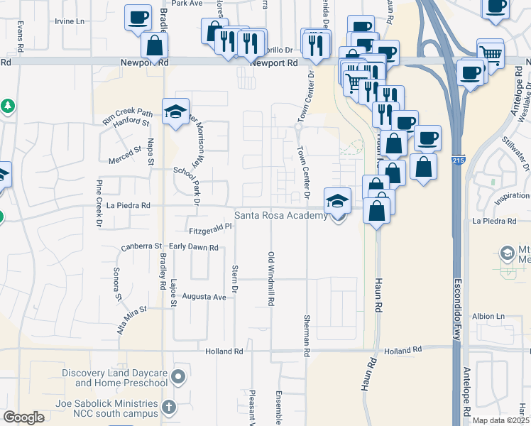 map of restaurants, bars, coffee shops, grocery stores, and more near 30525 Old Windmill Road in Menifee