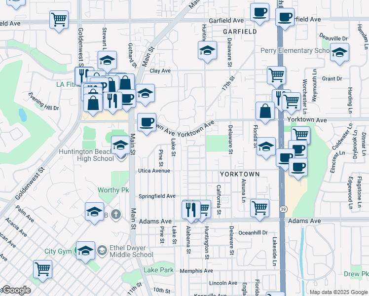 map of restaurants, bars, coffee shops, grocery stores, and more near 2221 Alabama Street in Huntington Beach