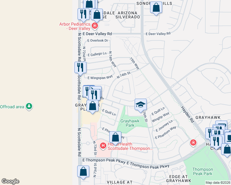 map of restaurants, bars, coffee shops, grocery stores, and more near 21112 North 74th Place in Scottsdale
