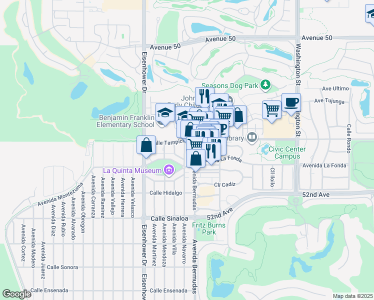 map of restaurants, bars, coffee shops, grocery stores, and more near 50905 Avenida Bermudas in La Quinta