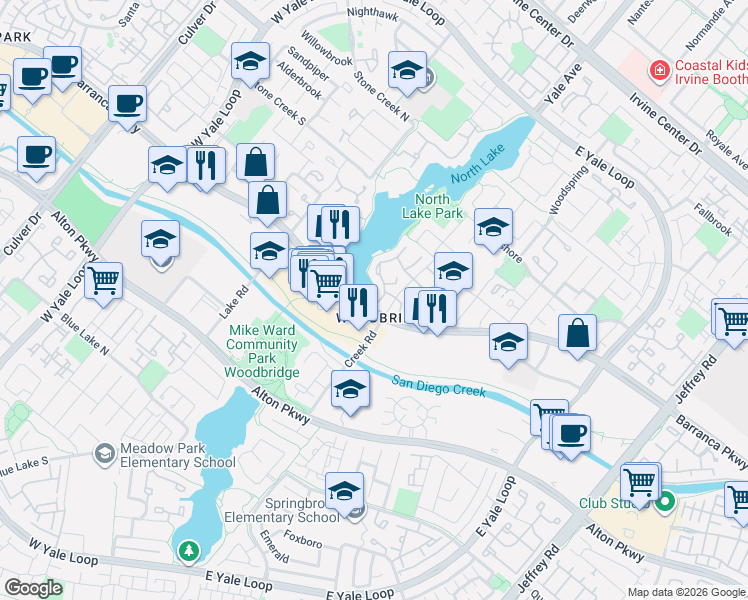 map of restaurants, bars, coffee shops, grocery stores, and more near 4615 Barranca Parkway in Irvine