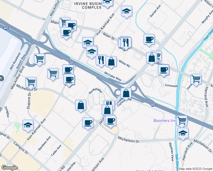 map of restaurants, bars, coffee shops, grocery stores, and more near San Diego Freeway in Irvine