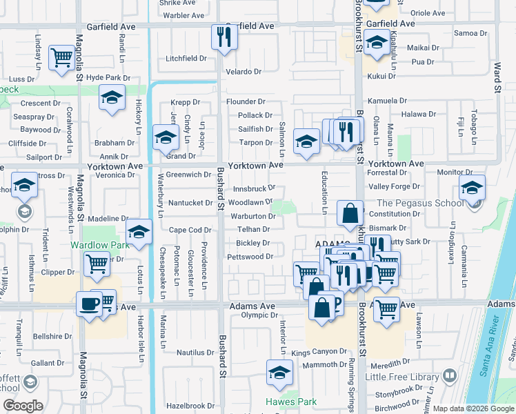 map of restaurants, bars, coffee shops, grocery stores, and more near 9642 Innsbruck Drive in Huntington Beach