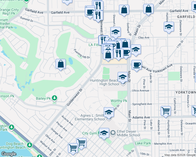 map of restaurants, bars, coffee shops, grocery stores, and more near 19502 Sandcastle Lane in Huntington Beach
