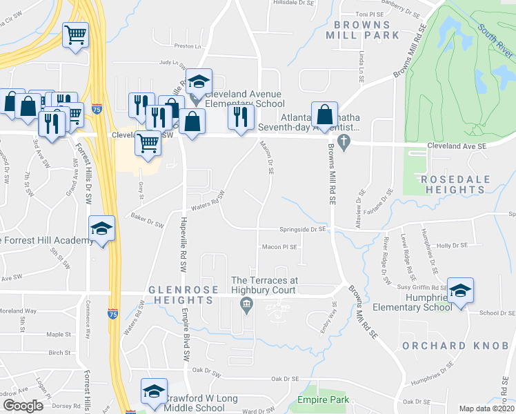 map of restaurants, bars, coffee shops, grocery stores, and more near 2805 Macon Drive Southeast in Hapeville