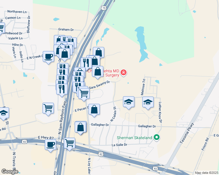 map of restaurants, bars, coffee shops, grocery stores, and more near 1005 East Sara Swamy Drive in Sherman