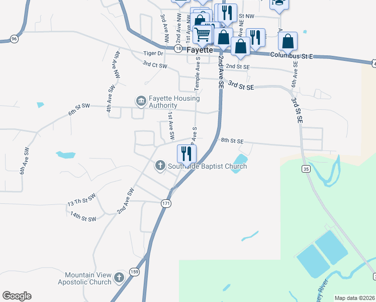 map of restaurants, bars, coffee shops, grocery stores, and more near 1000 Temple Avenue South in Fayette