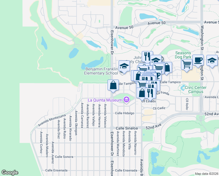 map of restaurants, bars, coffee shops, grocery stores, and more near 51085 Eisenhower Drive in La Quinta