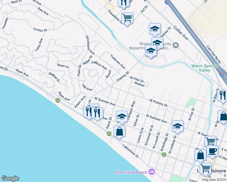 map of restaurants, bars, coffee shops, grocery stores, and more near 318 Townsend Street in Lake Elsinore