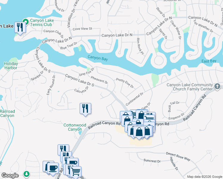 map of restaurants, bars, coffee shops, grocery stores, and more near 23028 Canyon Lake Drive South in Canyon Lake