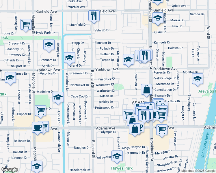 map of restaurants, bars, coffee shops, grocery stores, and more near 9642 Innsbruck Drive in Huntington Beach