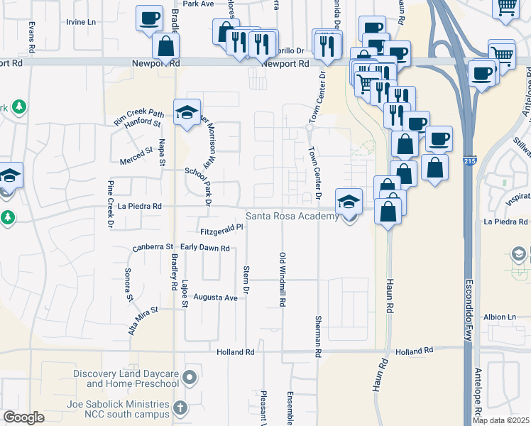 map of restaurants, bars, coffee shops, grocery stores, and more near 27321 La Piedra Road in Menifee