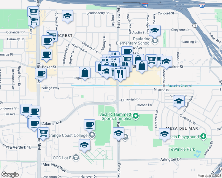 map of restaurants, bars, coffee shops, grocery stores, and more near 2885 Fairview Road in Costa Mesa