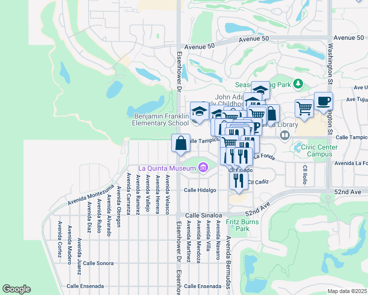 map of restaurants, bars, coffee shops, grocery stores, and more near in La Quinta