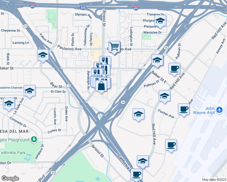 map of restaurants, bars, coffee shops, grocery stores, and more near 655 Baker Street in Costa Mesa