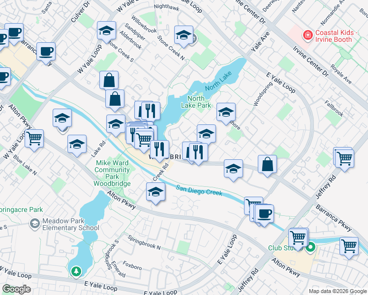 map of restaurants, bars, coffee shops, grocery stores, and more near 5 Springwater in Irvine