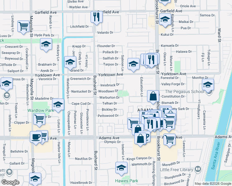 map of restaurants, bars, coffee shops, grocery stores, and more near 9662 Woodlawn Drive in Huntington Beach